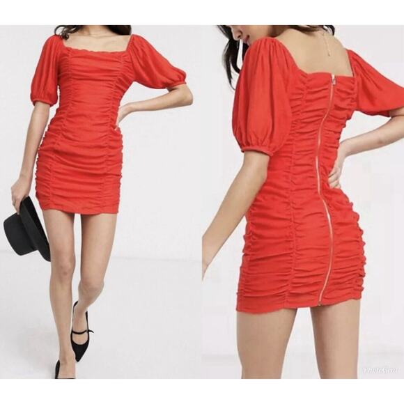 Moon River Dresses & Skirts - Moon River Ruched Puff Shoulder Bodycon Mini Dress in Red/Orange Women’s Size XS